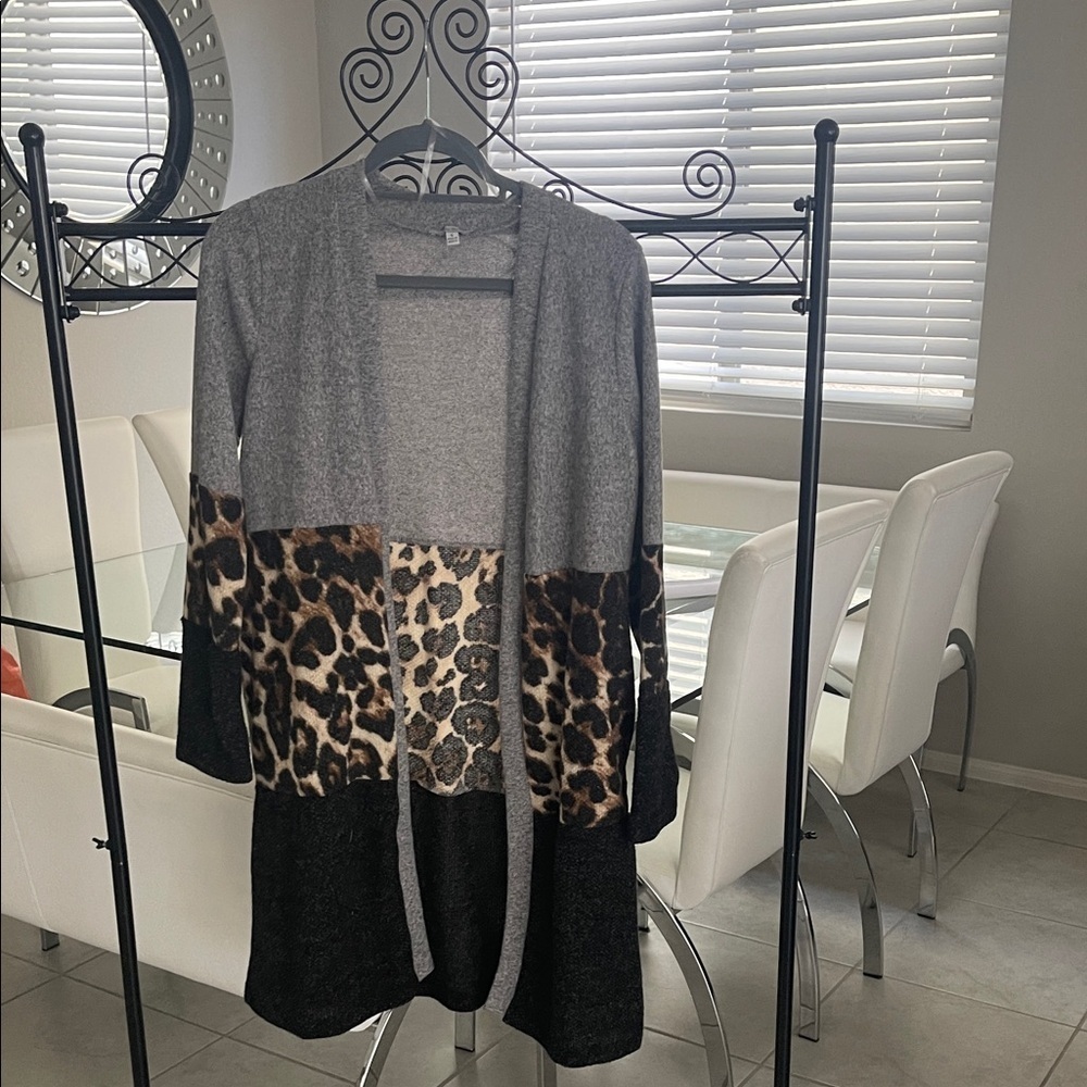 White Birch Gray and Leopard Print Sweater